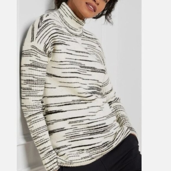 T by Talbots Cozy Black White Stripe Funnel Neck Sweater – Size S - Picture 2 of 5
